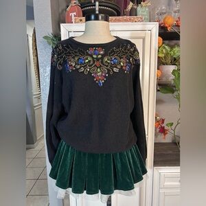 Vintage MEDIUM Black Christmas Holiday Sweater w/ Heavy Beading‎ & Sequence